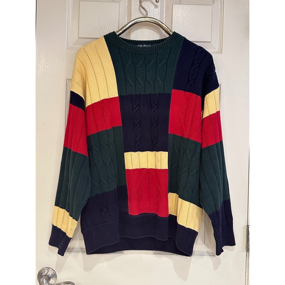 Nautica Vintage Colorblock Cable Knit Sweater Mens Large Patchwork 90s Crewneck
